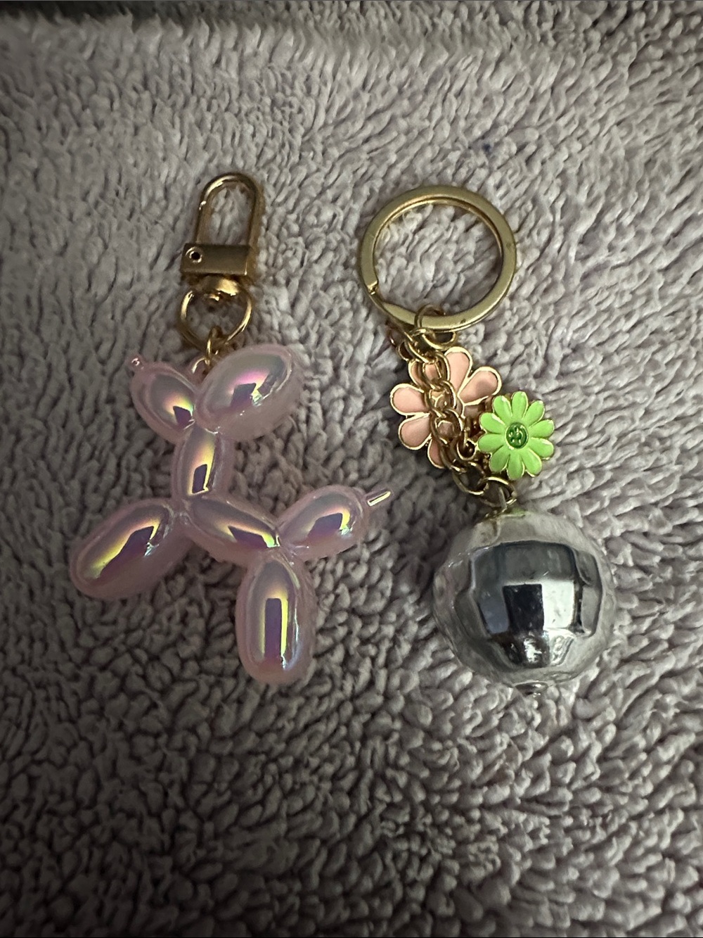 Iridescent Pink Balloon Dog Keychain with Floral Disco Charm